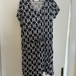 Kim Rogers Blue and White Sheath Midi Dress V-Neck